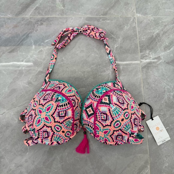 Women’s Shade & Shore Light Lift Push Up Halter Tassel Bikini Swimsuit Top 34DD - Picture 2 of 16